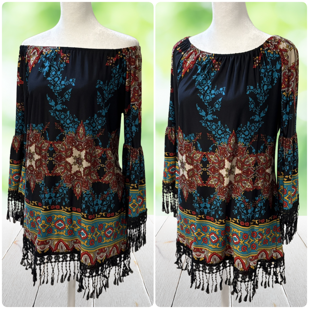 Vintage Y2K ROUGE Tunic Top Bell Sleeve Fringe Boho Festival Made in USA Size S